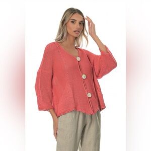 John P. Greece loose knit cardigan in Coral with Abalone Shell buttons